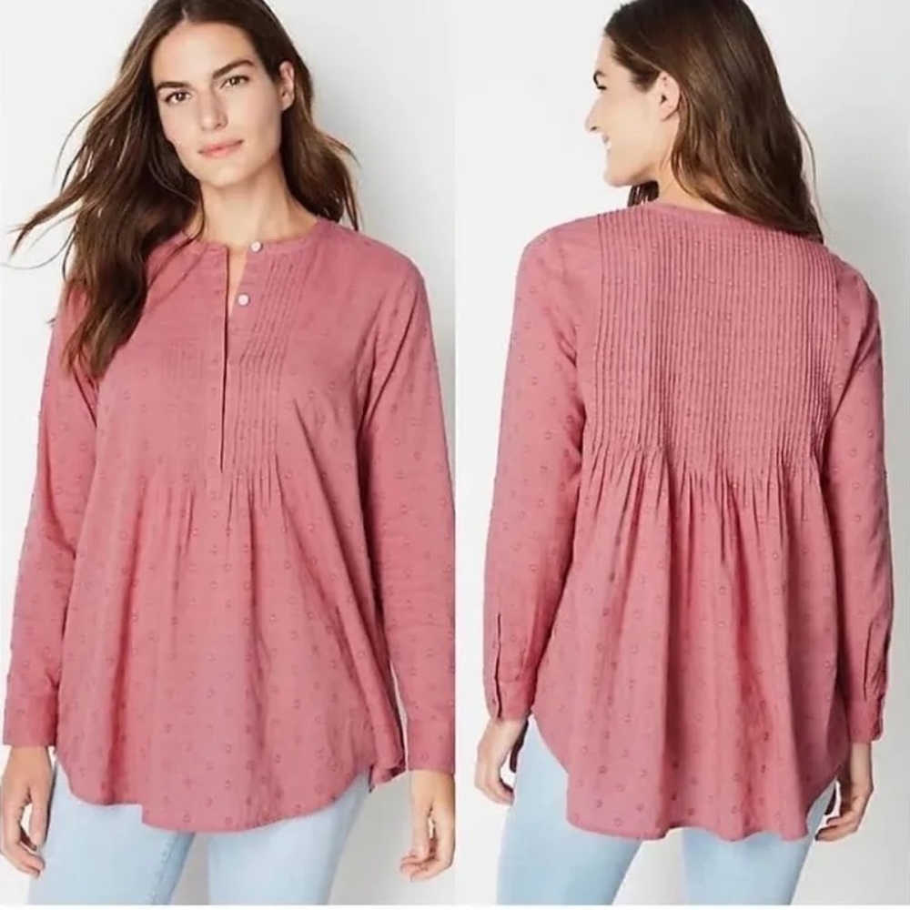 J.Jill Clip Dot Pleated Cotton Tunic Top Blouse Dusty Rose Size Medium Prairie